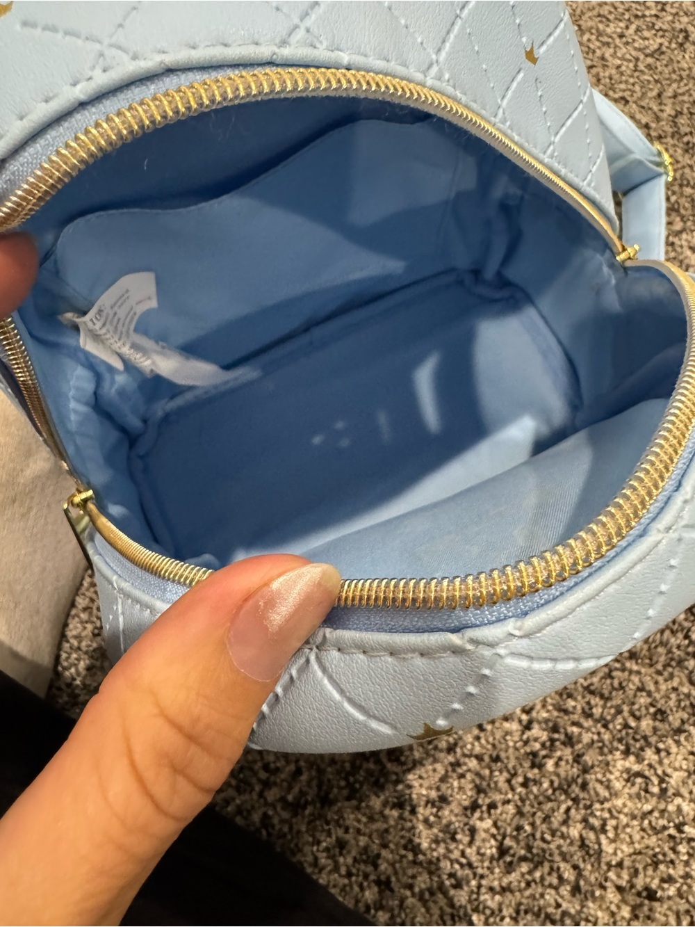 Disney Pale Blue Quilted Mini Backpack with Gold Cinderella Castle Emblem - Picture 6 of 9